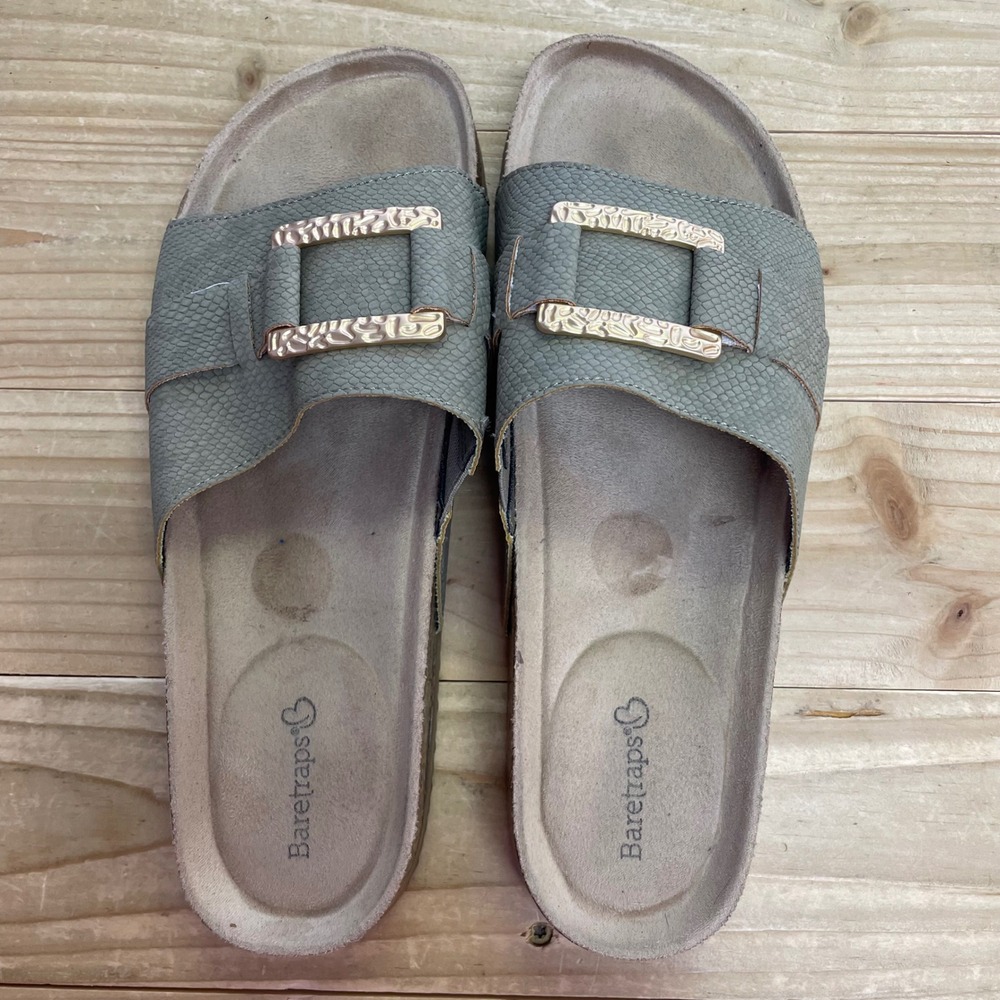 Baretraps Pollihan Women's Gray Olive Slide Sandals Gold Buckle Accent Size 9M